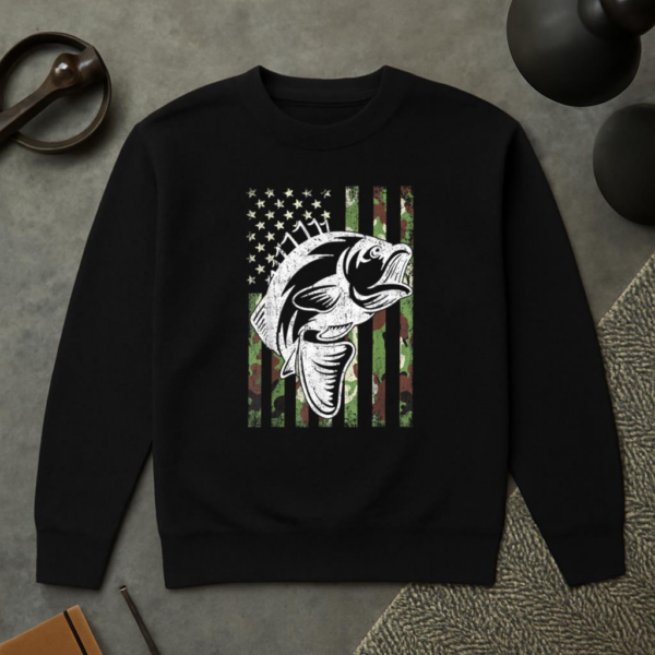 Fishing Camouflage USA Flag Bass Sweatshirt - Image 2