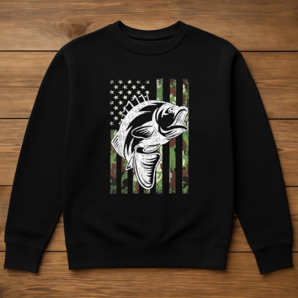 Fishing Camouflage USA Flag Bass Sweatshirt - Image 3