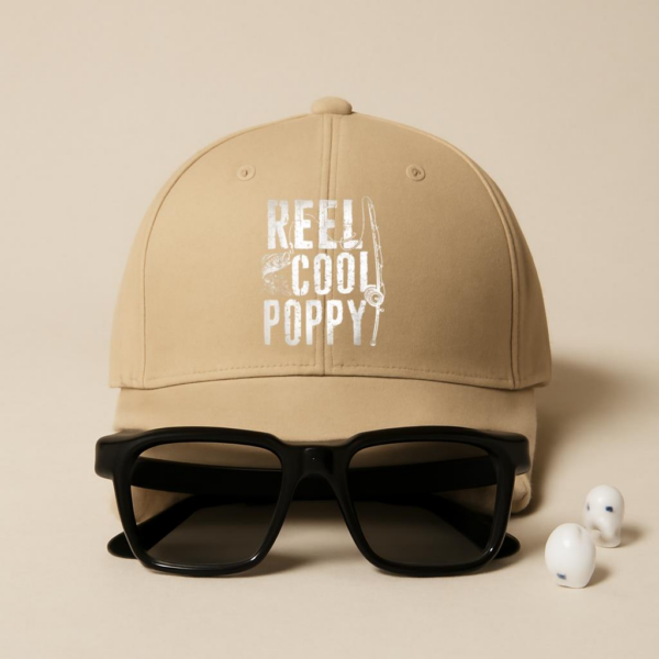 Fishing Papa Daddy Reel Cool Poppy Cotton Baseball Hat - Image 4