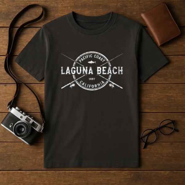 Laguna Beach CA Vintage Crossed Fishing Rods T-Shirt - Image 4