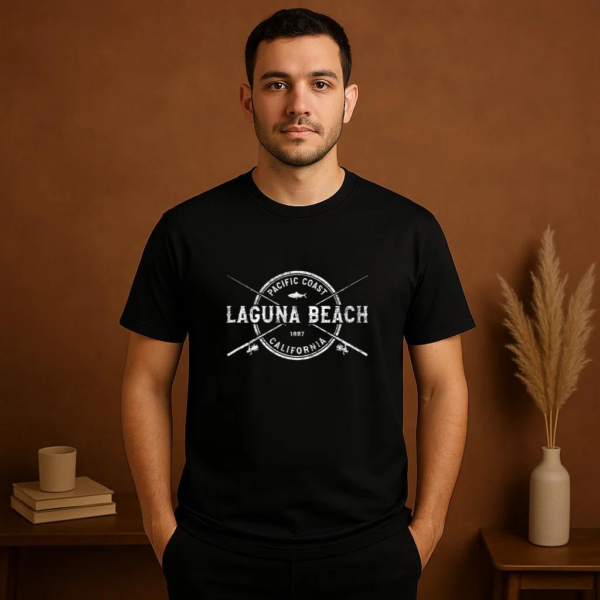 Laguna Beach CA Vintage Crossed Fishing Rods T-Shirt - Image 2